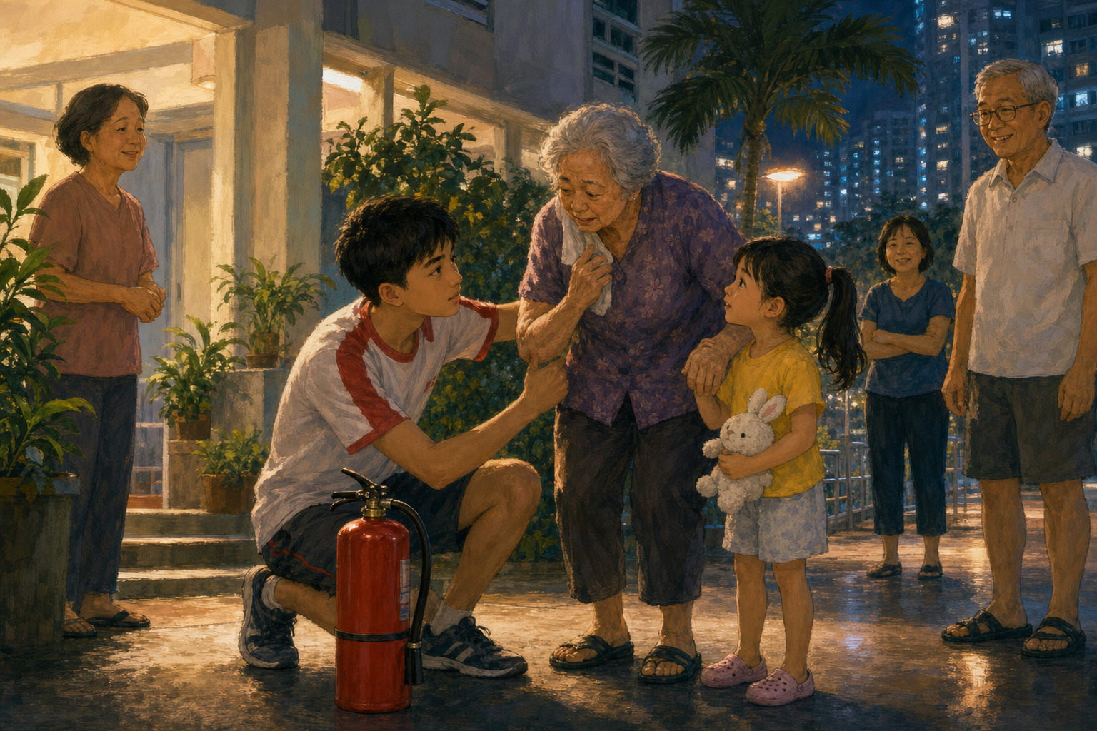 A young neighbor helps an older man and child to safety outside an apartment building at night.