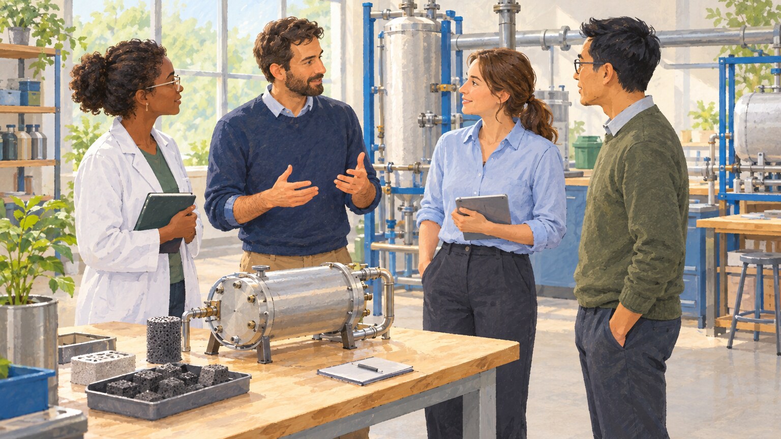 Researchers examine low-carbon technology at a clean industrial facility.