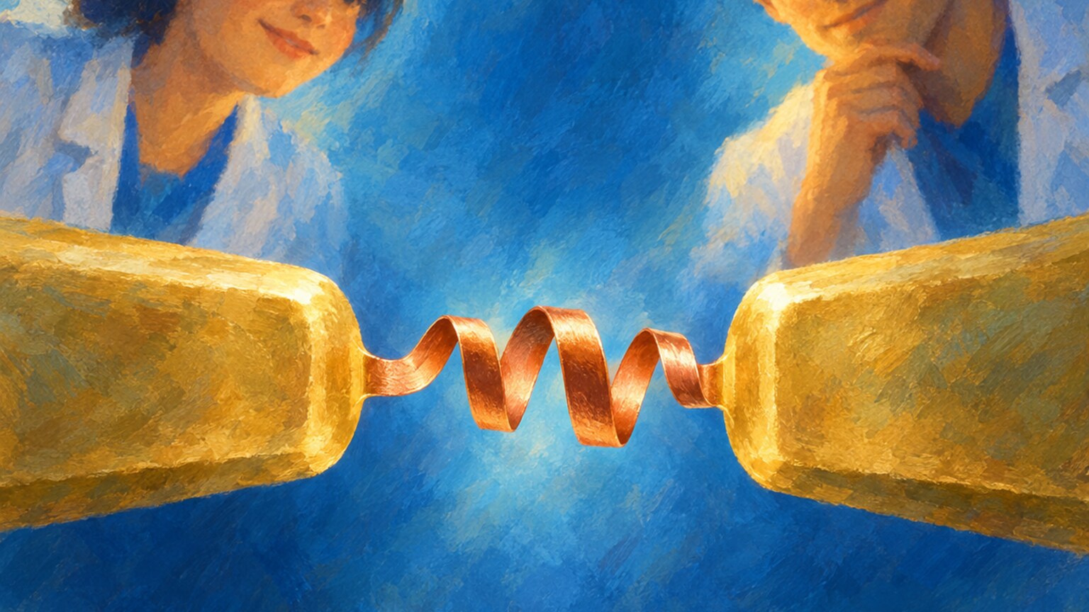 Conceptual illustration of a spiral-shaped molecule between two gold contacts.