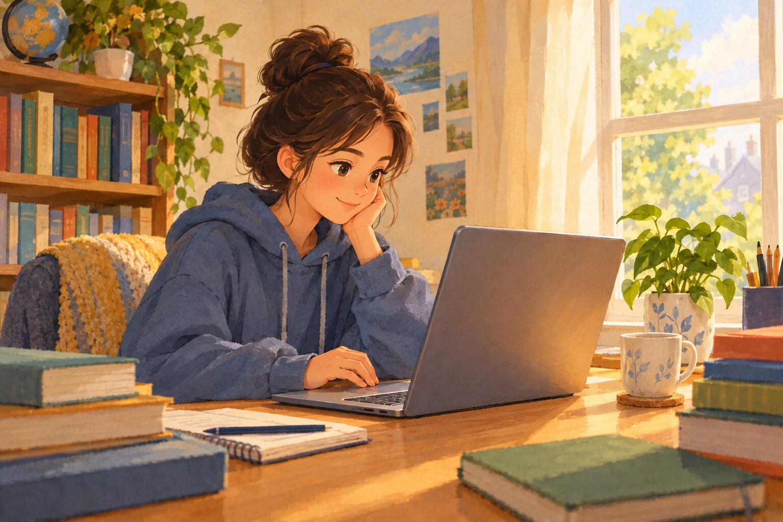 Ein Sch&uuml;ler lernt online an einem hellen Arbeitsplatz zu Hause.