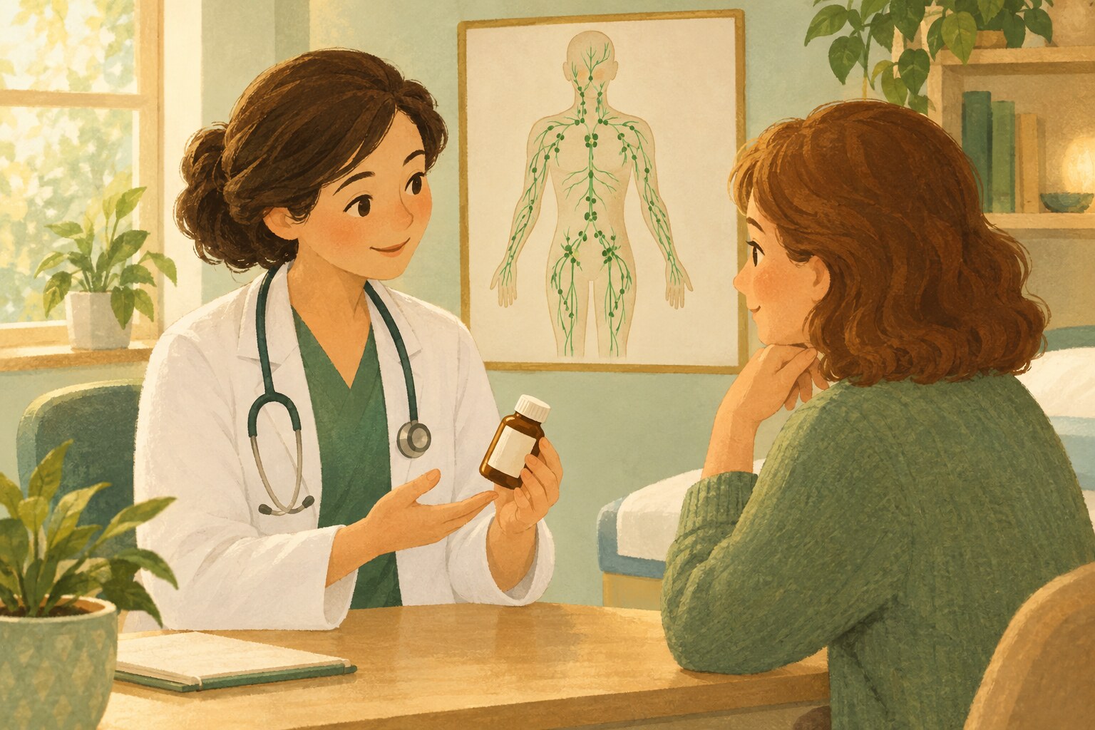 A clinician and patient discuss an experimental medicine in a calm clinic.