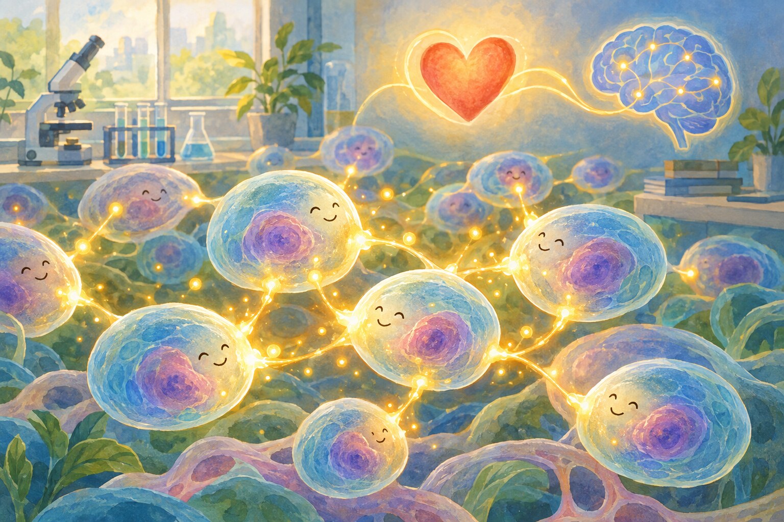 An illustration of healthy cells sharing tiny energy-producing mitochondria with nearby cells.
