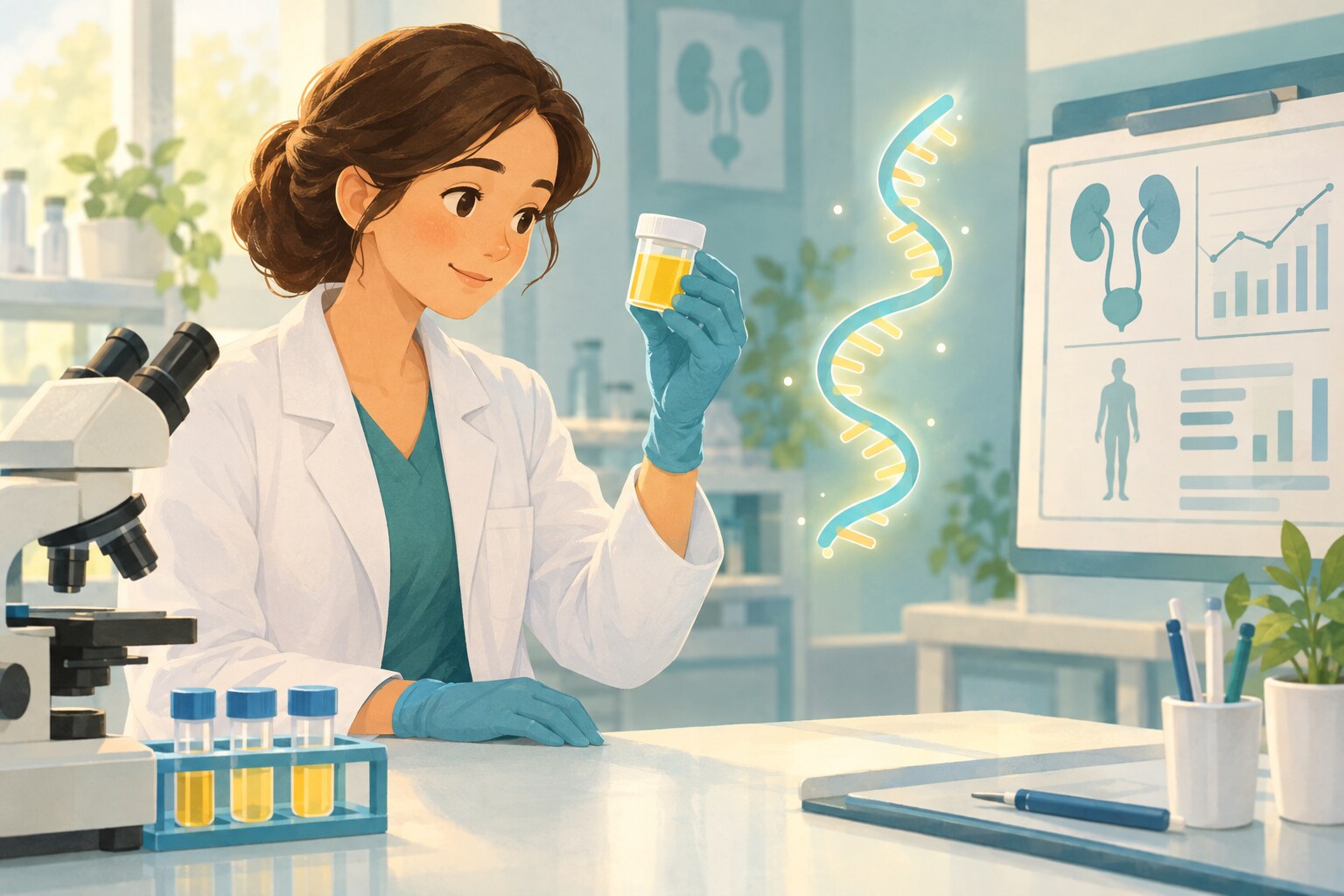 A laboratory sample and an illustrated RNA strand suggest a new urine-based cancer test.