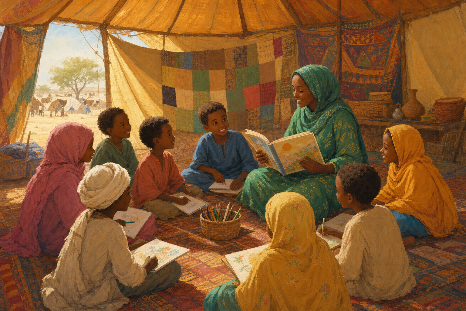 Children learning together in a welcoming classroom in Sudan.