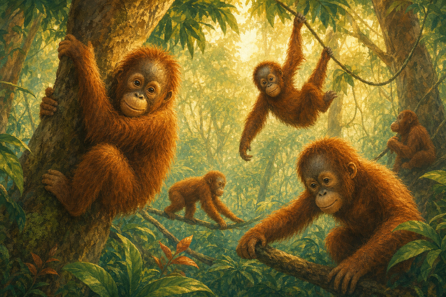 Rescued Sumatran orangutans recover in a forest rehabilitation setting.