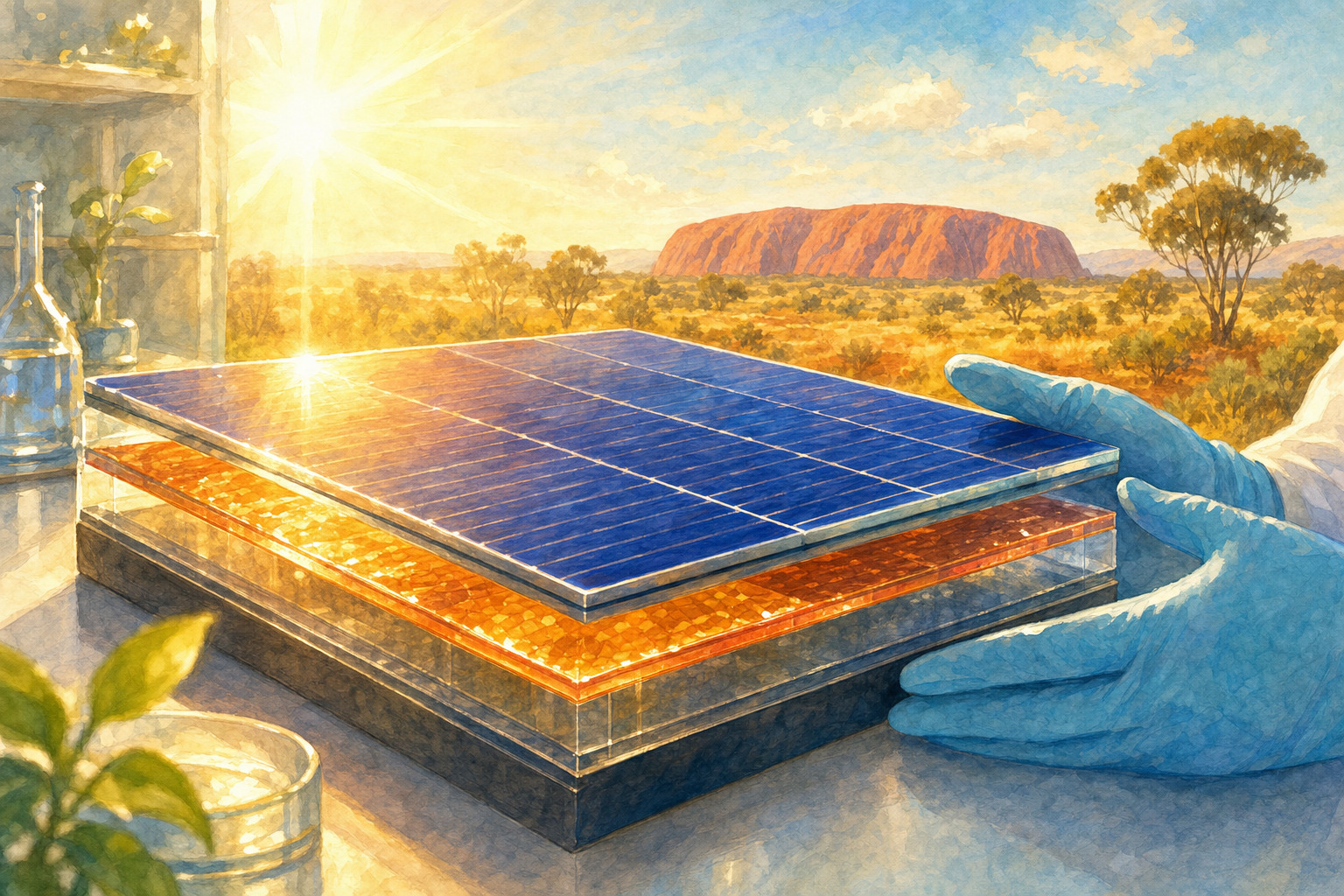 Layered next-generation solar cells catching Australian sunlight.