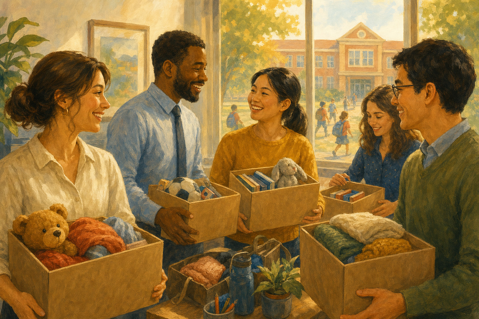 Workers and a community support worker gather school supplies for children.