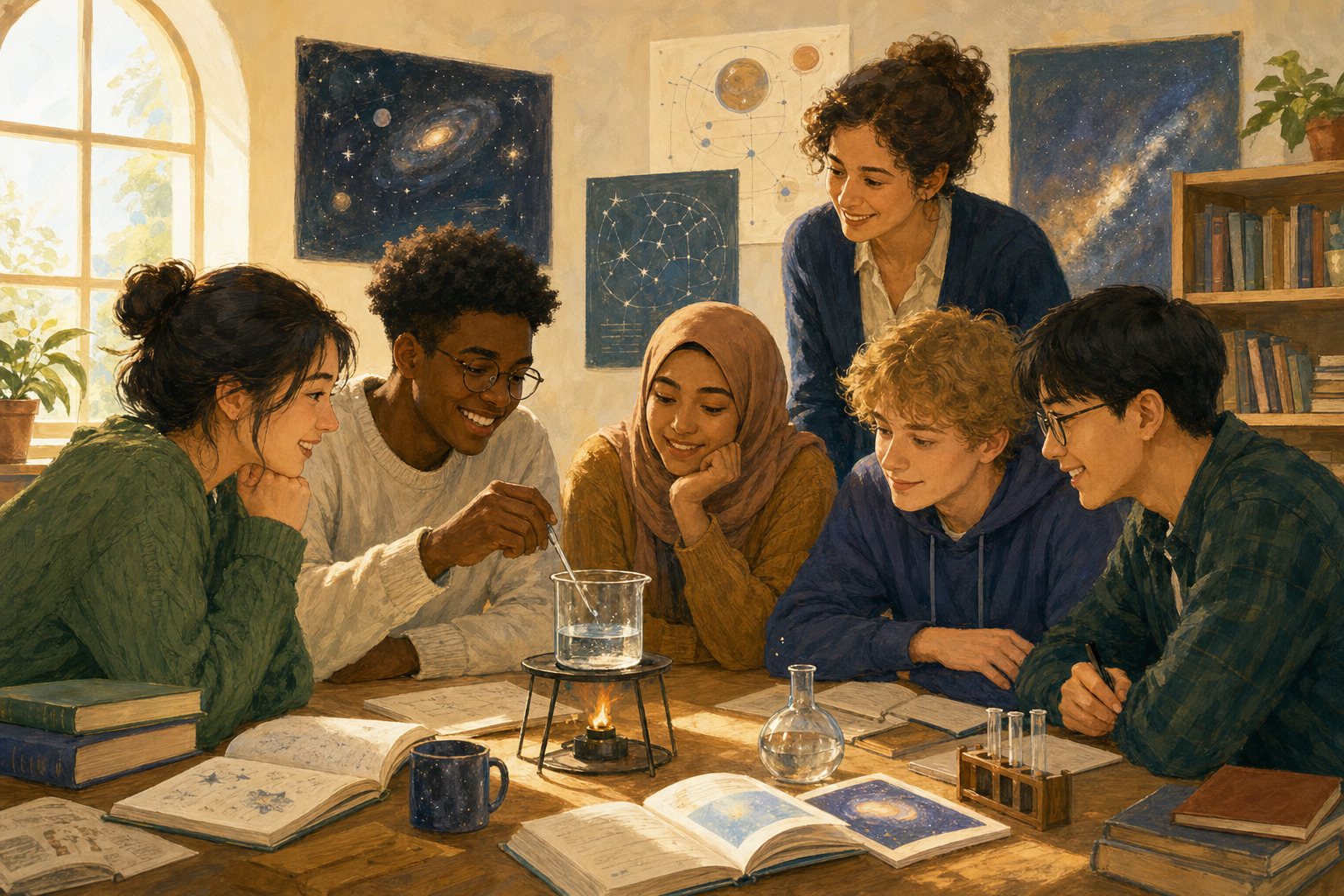 University students work together on a science project in a bright classroom.