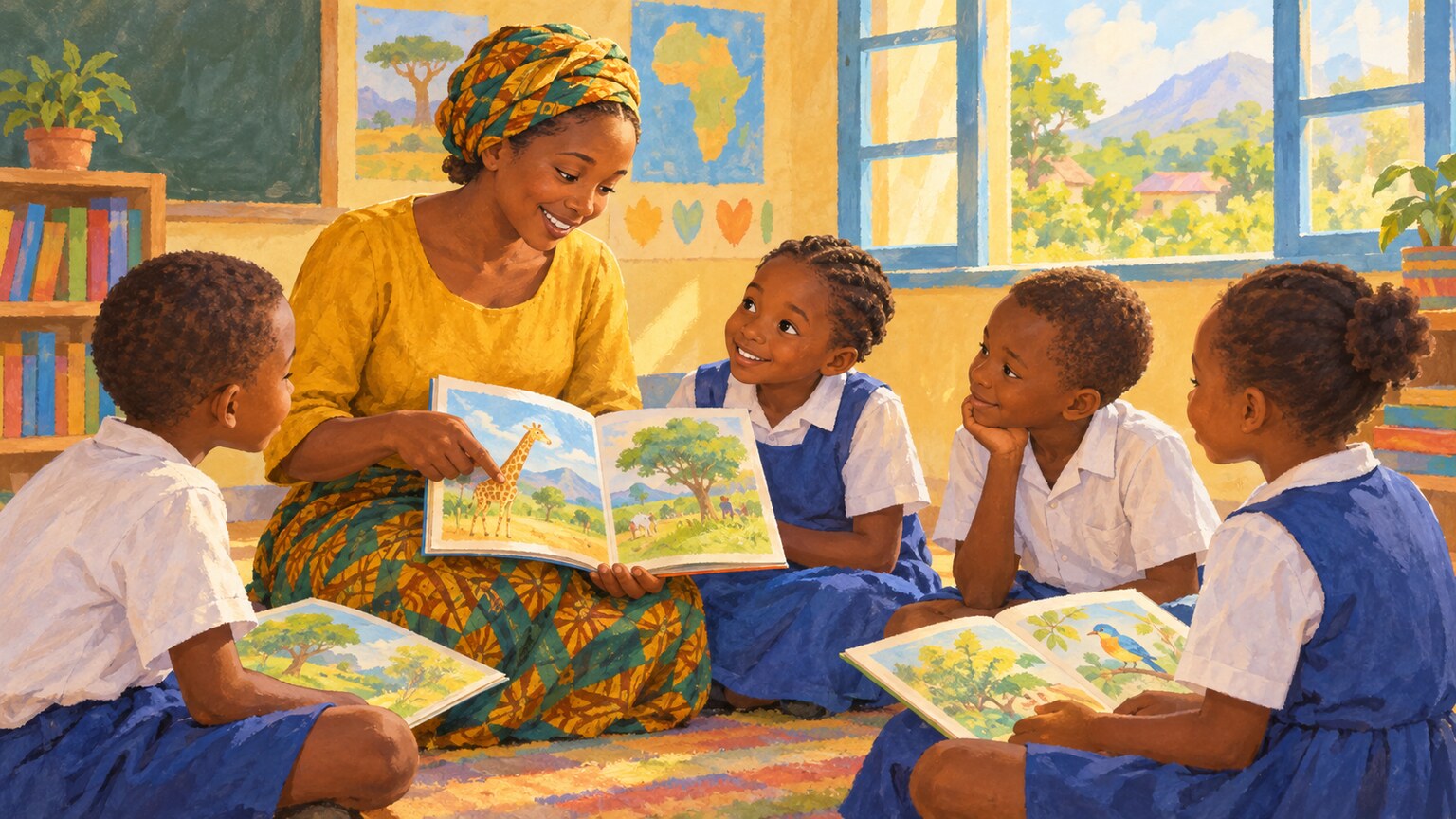 Eine Lehrerin zeigt Kindern in einem hellen Klassenzimmer bunte B&uuml;cher.
