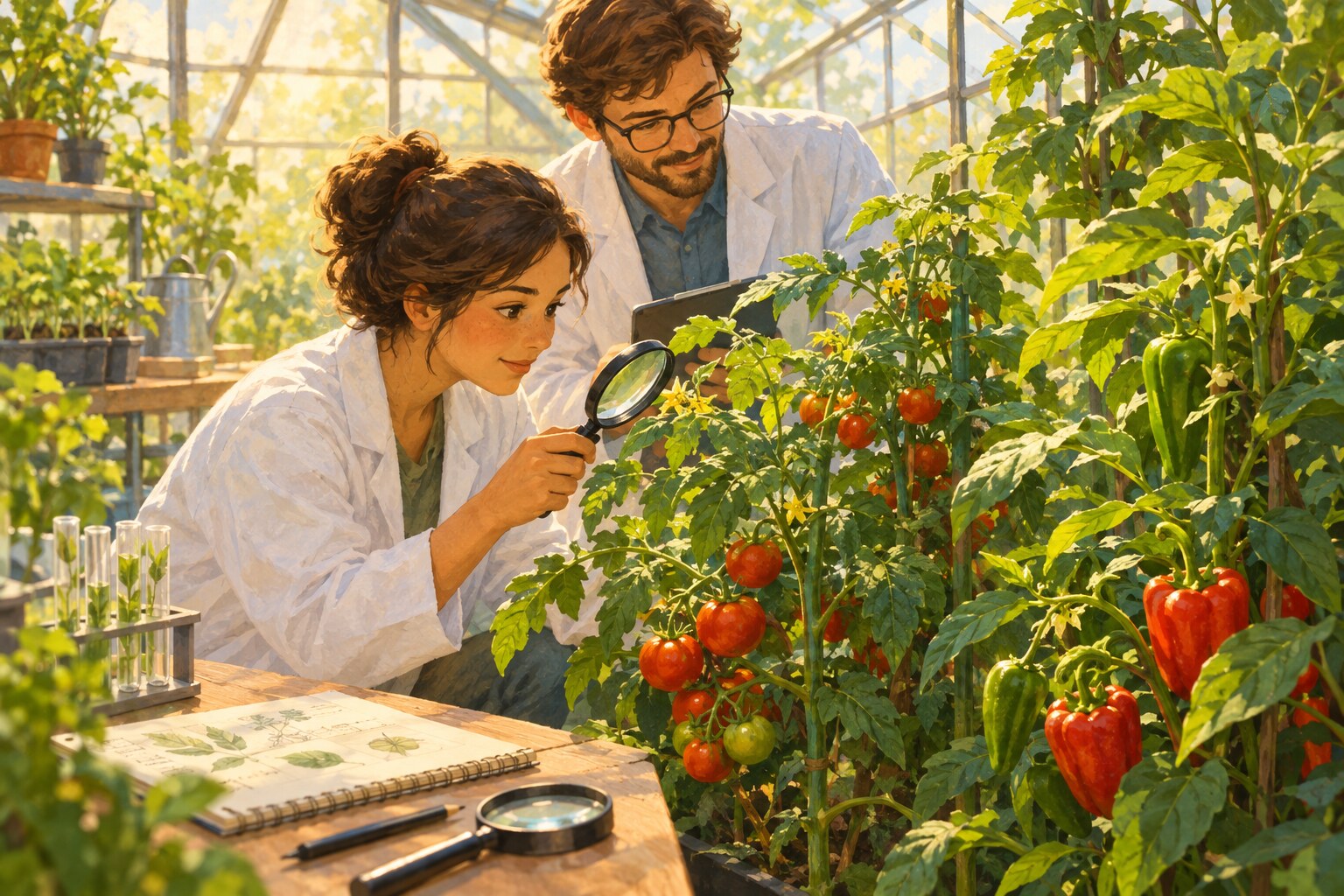 Pflanzenforschende untersuchen Tomaten- und Paprikapflanzen in einem sonnigen Gew&auml;chshaus.