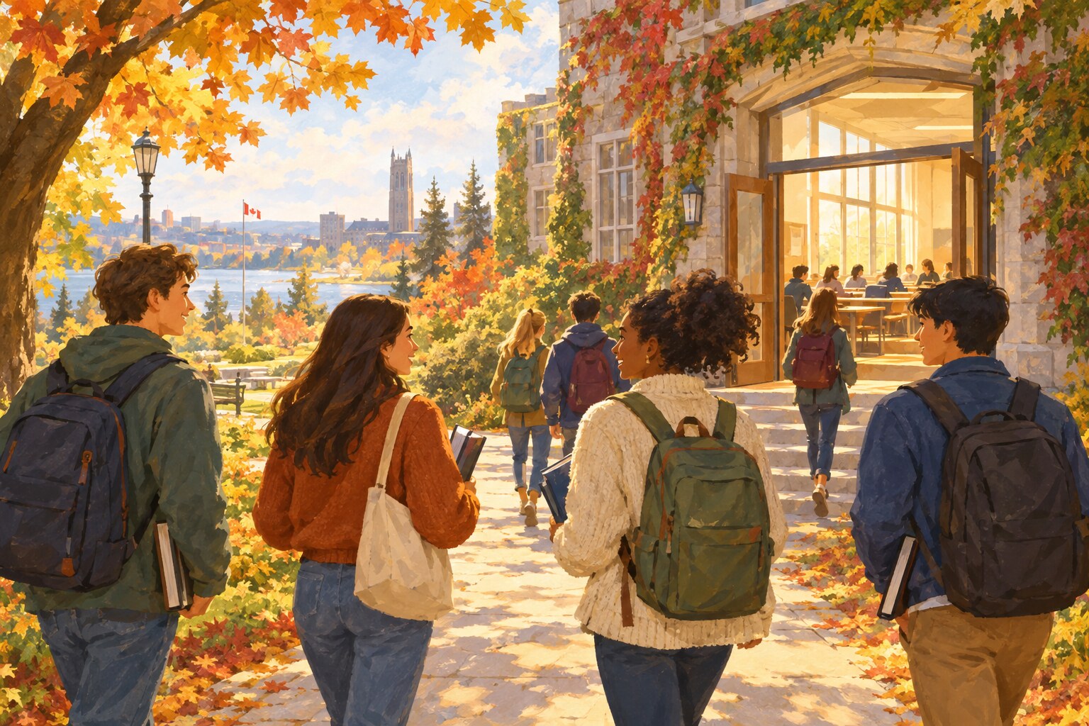 Students walk through a leafy university campus toward a classroom.