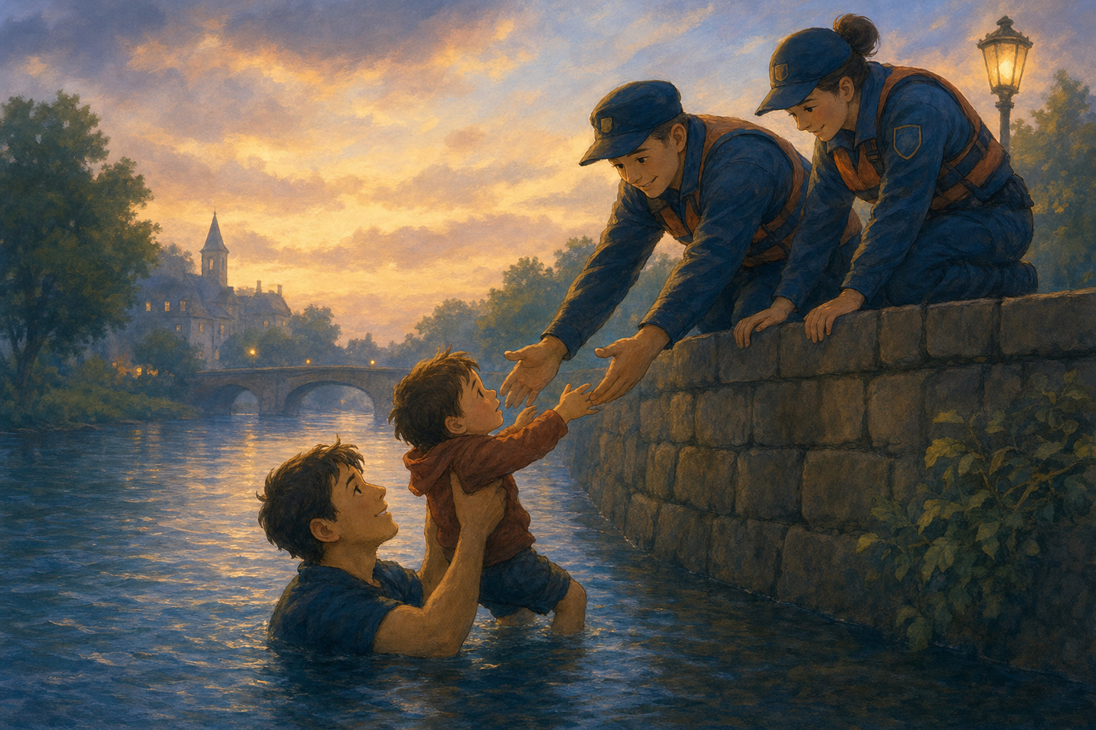 A brave stranger holds a child safely above the river while rescuers reach down to help.