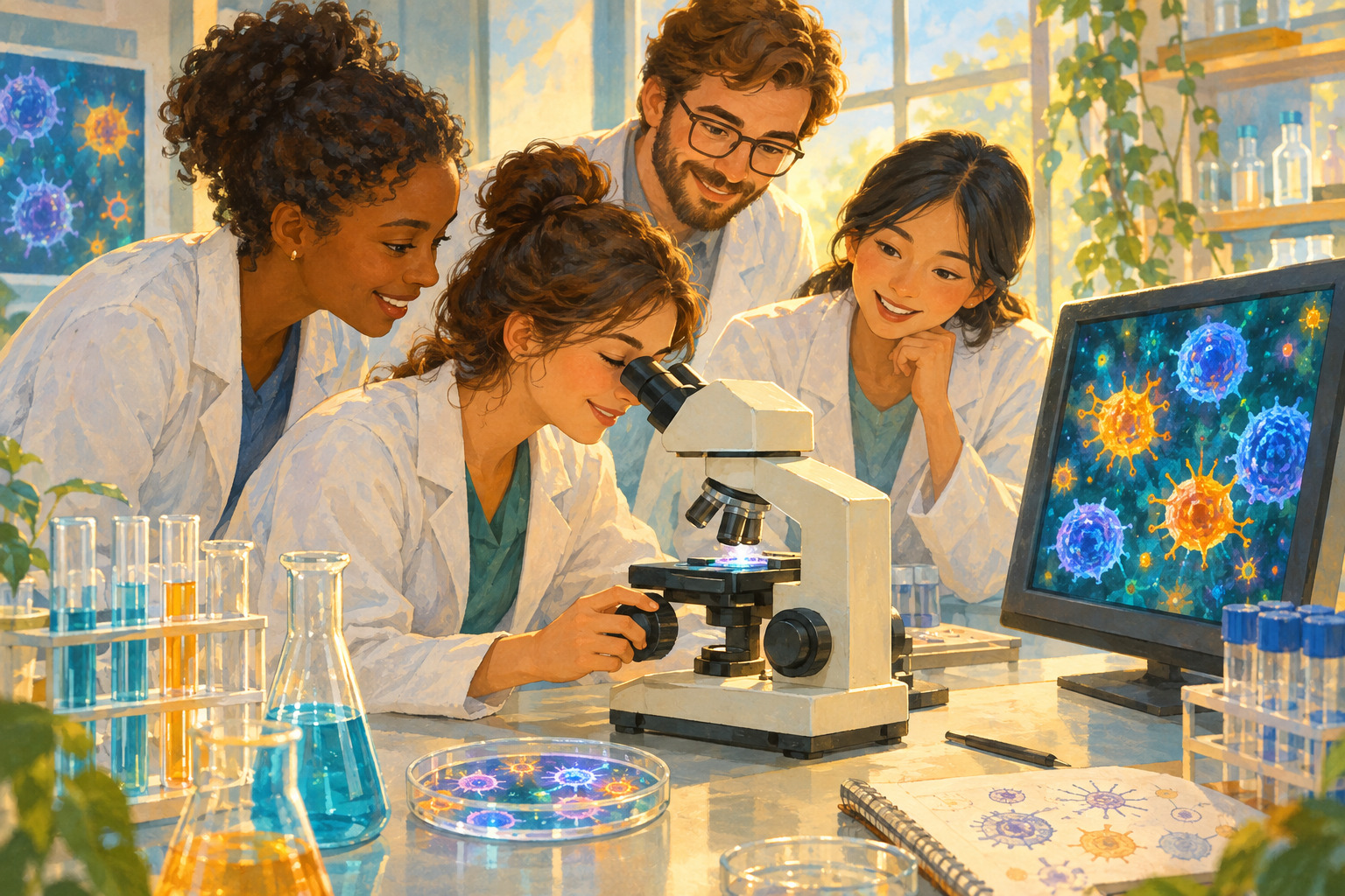 Researchers study engineered immune cells in a bright laboratory.