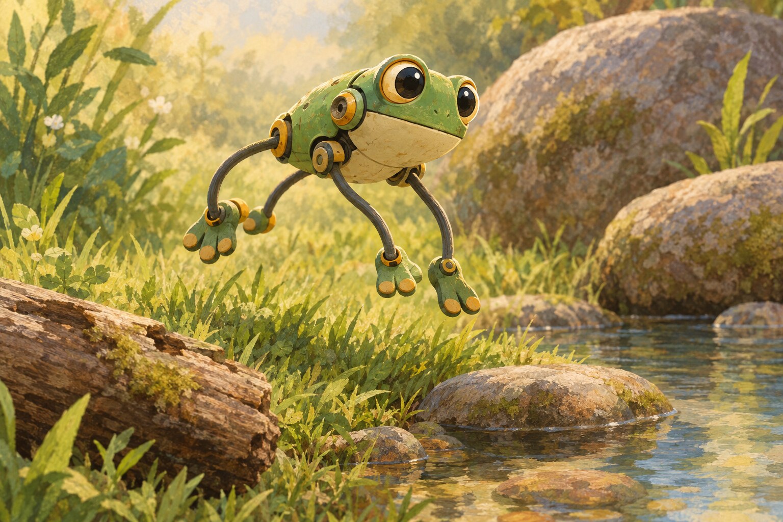 A small frog-like research robot hops beside a patch of grass and shallow water.