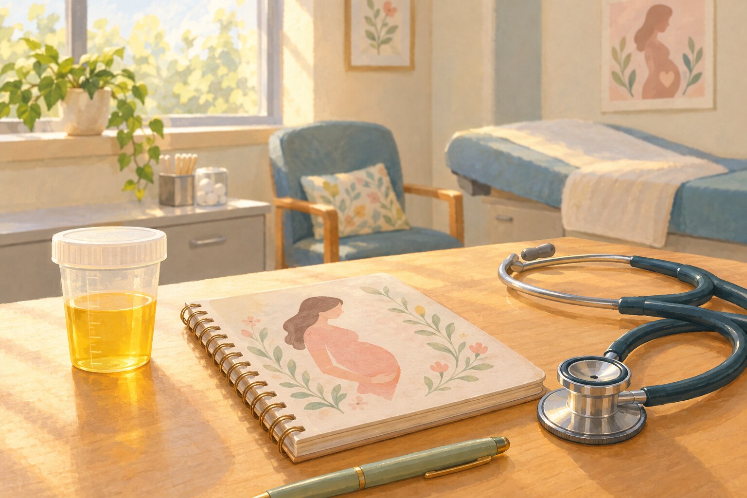 A small urine sample sits beside a prenatal care notebook and stethoscope.