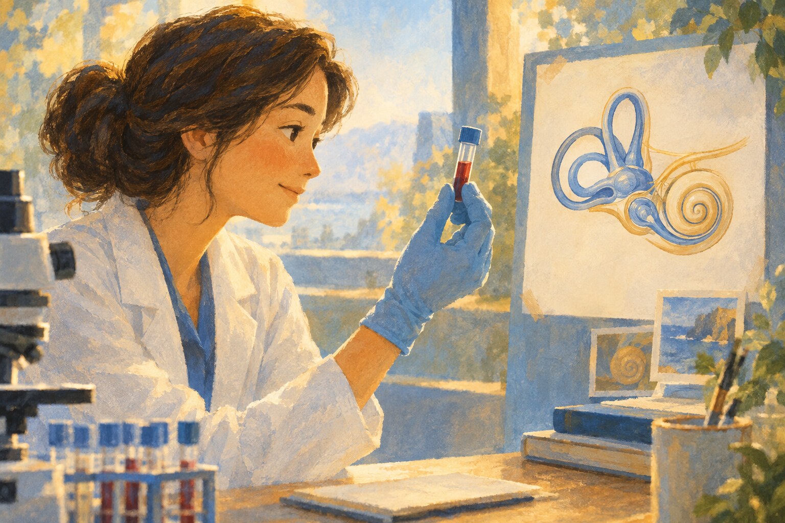 A scientist studies a blood sample beside an illustration of the inner ear.