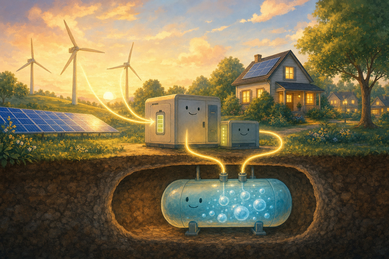 Wind and solar power flow into systems that store clean energy for later use.
