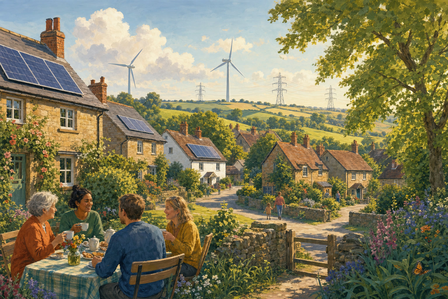 A British village sits among green fields near new electricity infrastructure that will bring benefits to local homes.