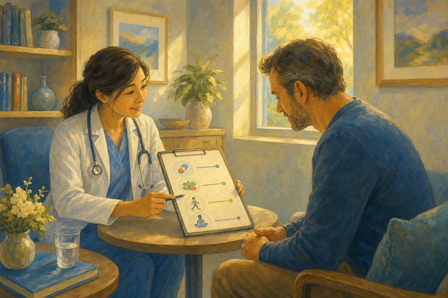 A doctor and patient discuss a treatment plan in a calm, sunlit consultation room.