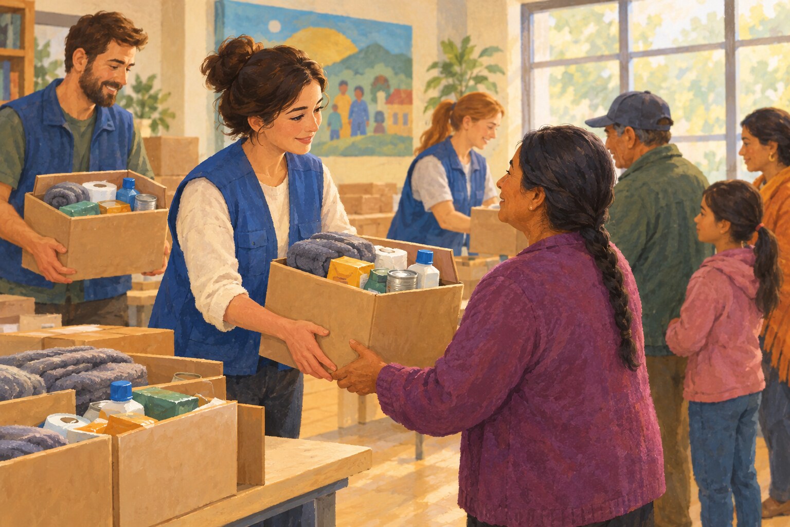 Aid workers share supply boxes with community members at a local center.
