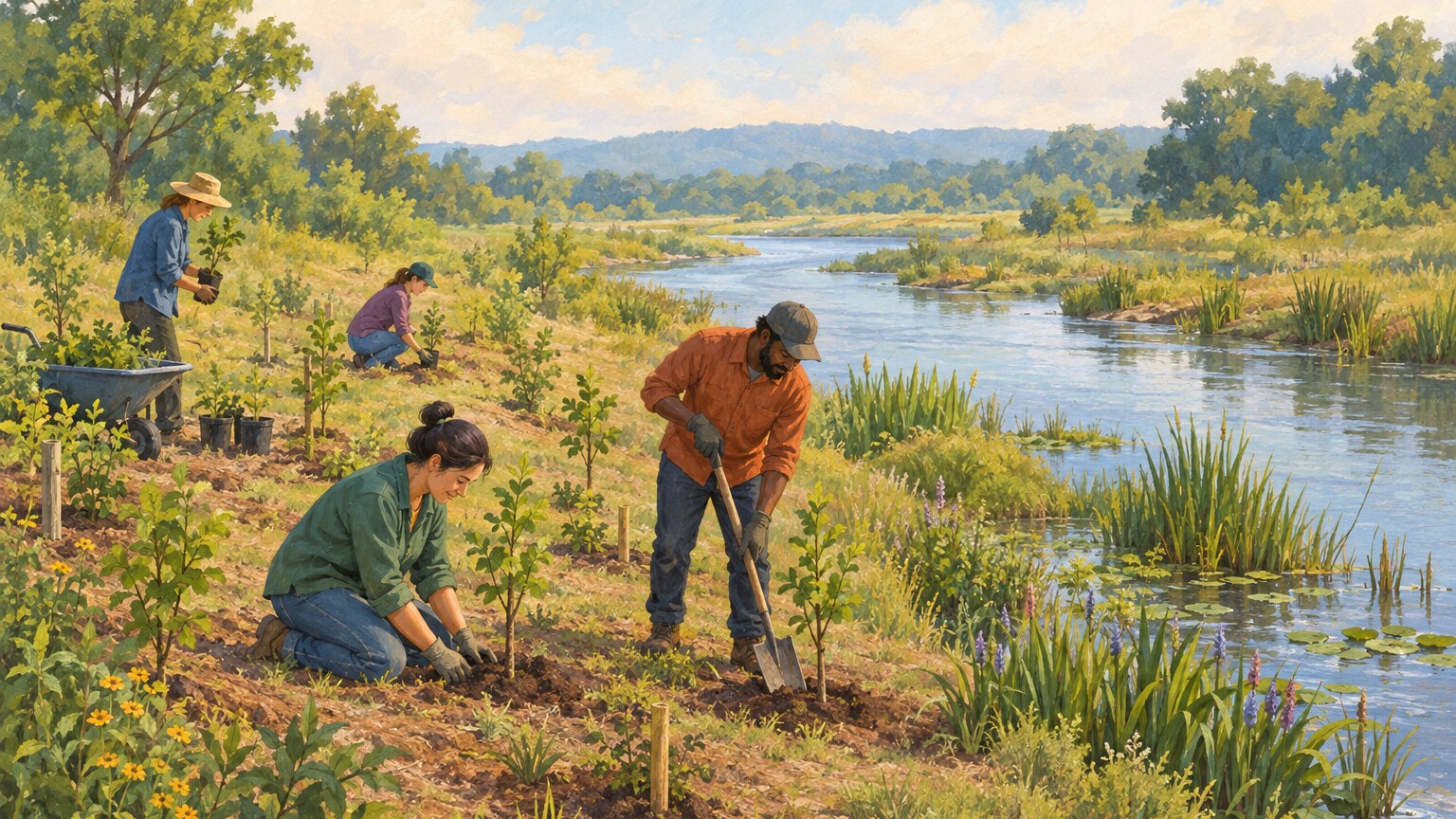 Young trees and wetland plants grow along a restored riverbank.