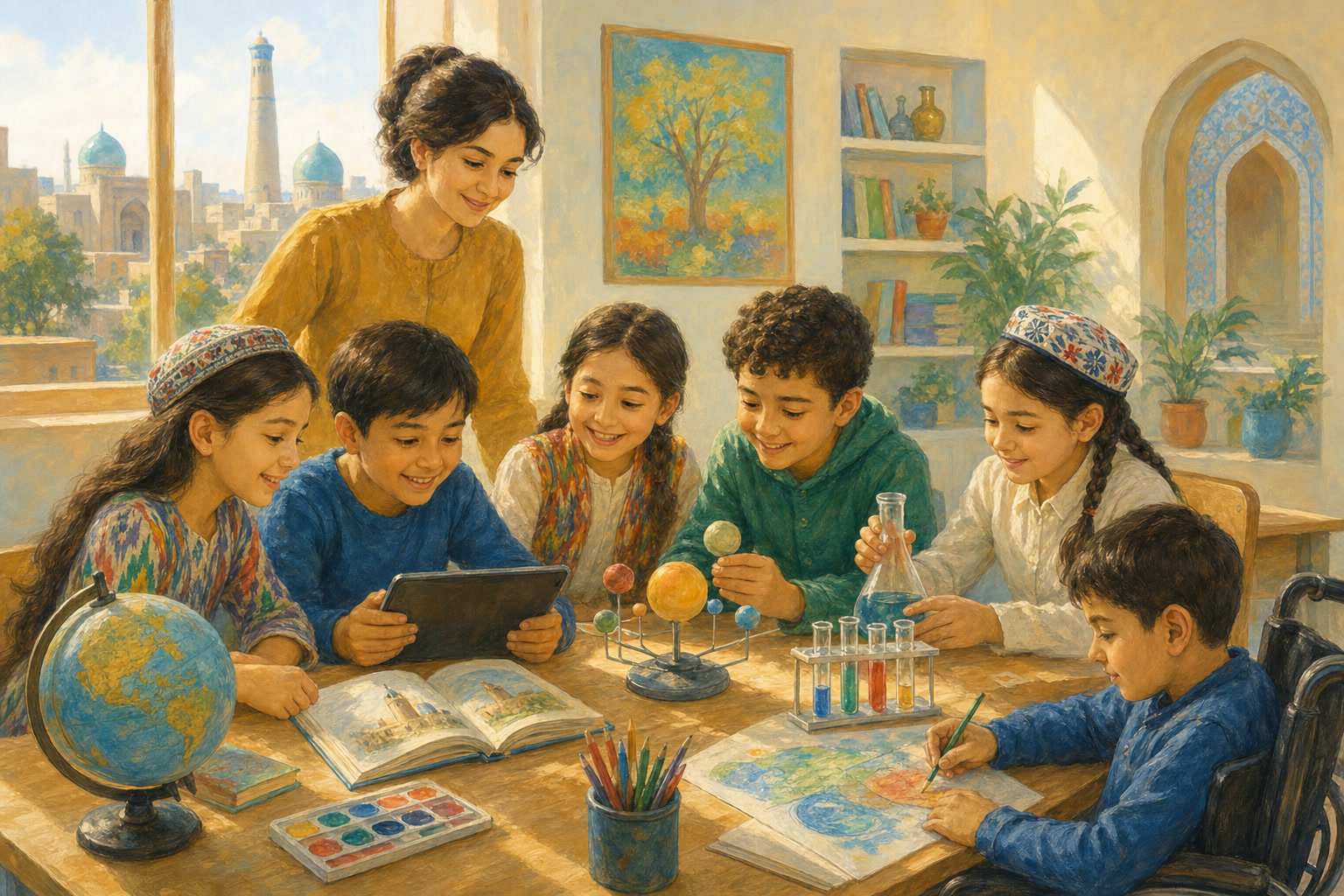 Children learn together in a bright classroom with books, a globe, and science materials under a new school curriculum.