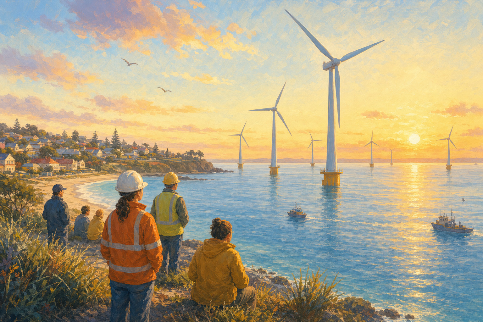 Offshore wind turbines stand near the Victorian coast as a community looks toward a clean-energy future.