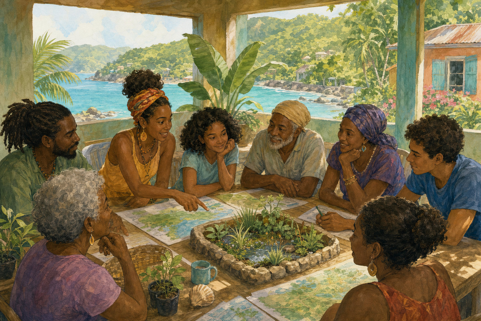 Island community members planning a climate-resilience project.
