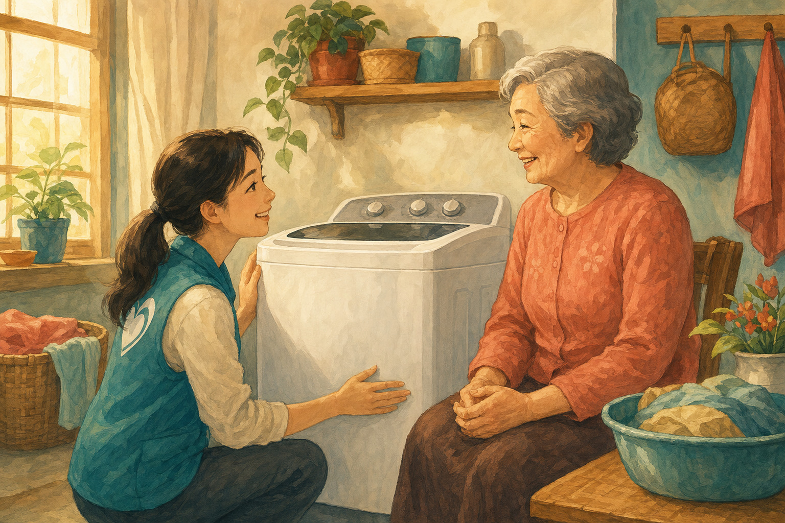 A volunteer and an older woman stand beside a donated washing machine.