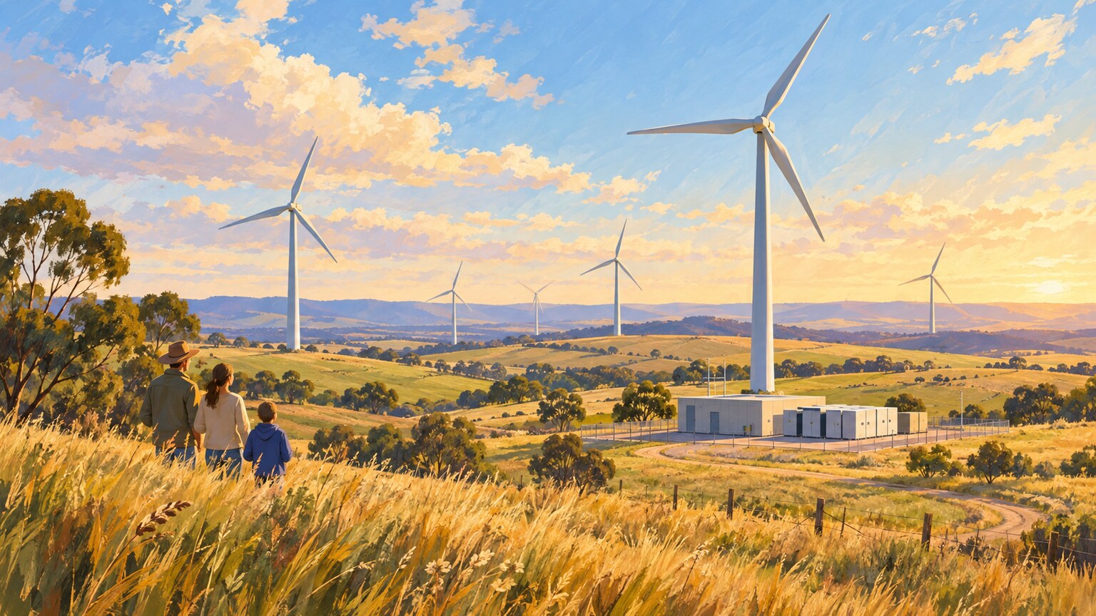 Windräder und eine Batterieanlage sind inmitten offener Felder in Victoria geplant.