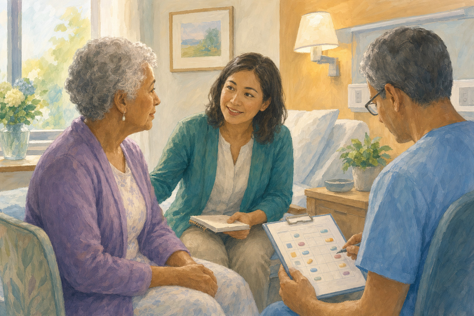An older adult receives calm emotional support and a medication review before surgery.