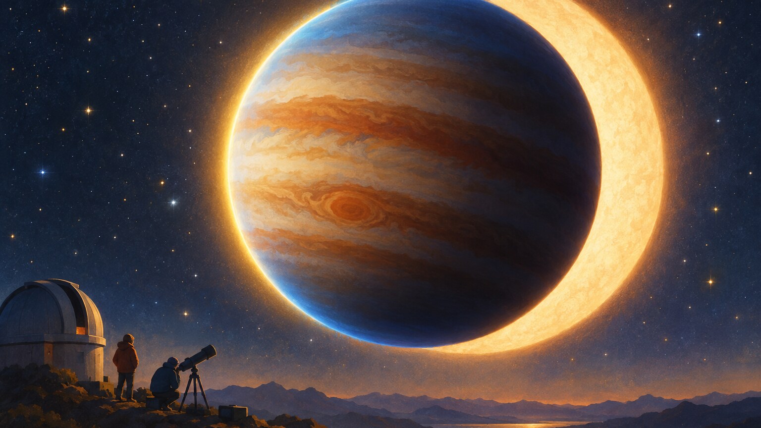 Ein Riesenplanet zieht vor einem Stern vorbei, seine geschichtete Atmosph&auml;re wird sanft beleuchtet.
