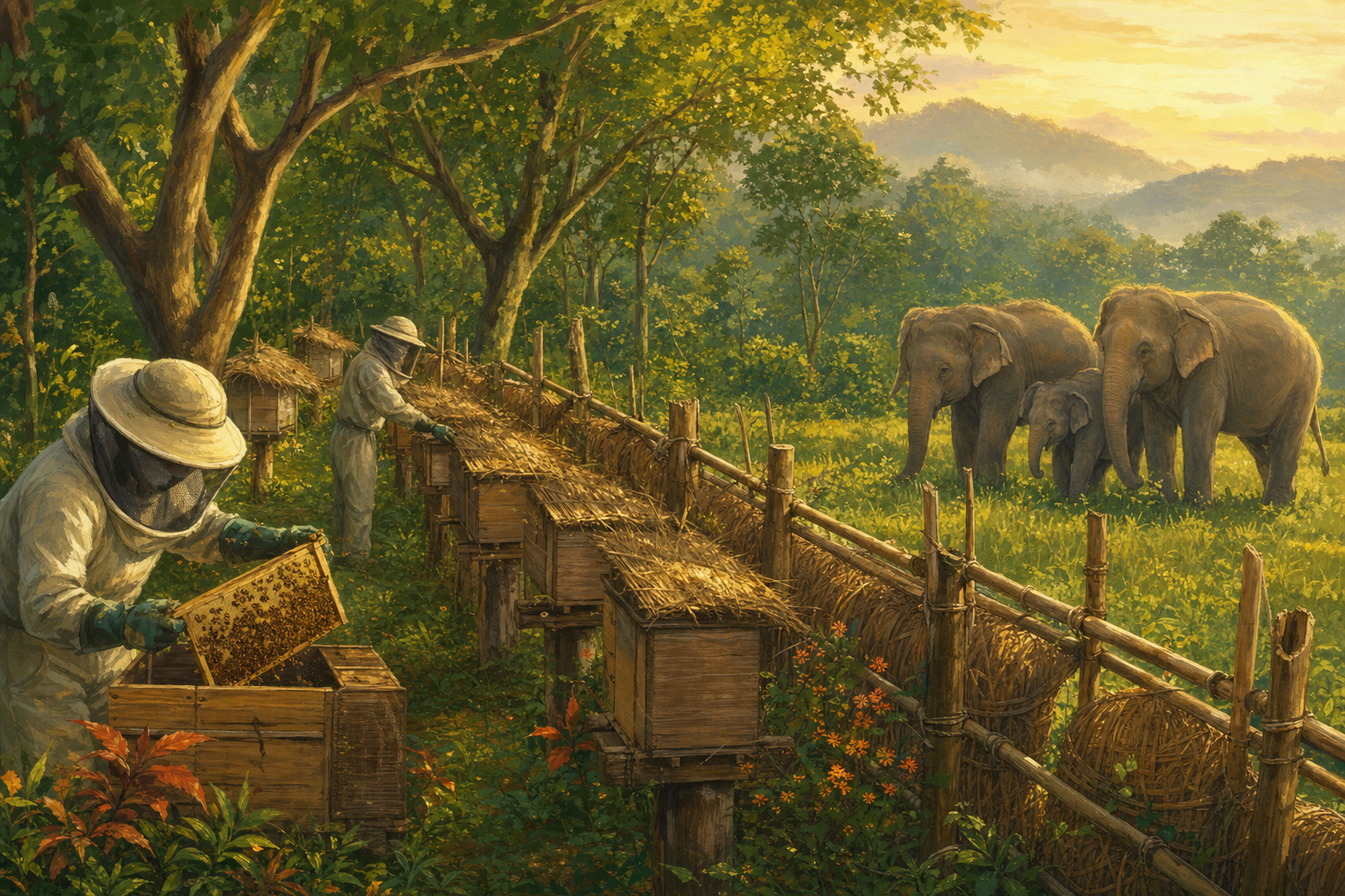 A Sumatran elephant near beehive boxes along a green forest boundary.