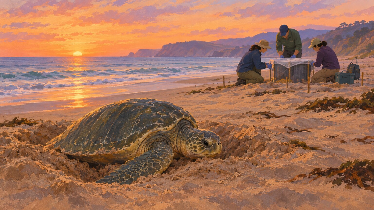 Eine Oliv-Bastardschildkröte an einem kalifornischen Strand unter einem Abendhimmel.