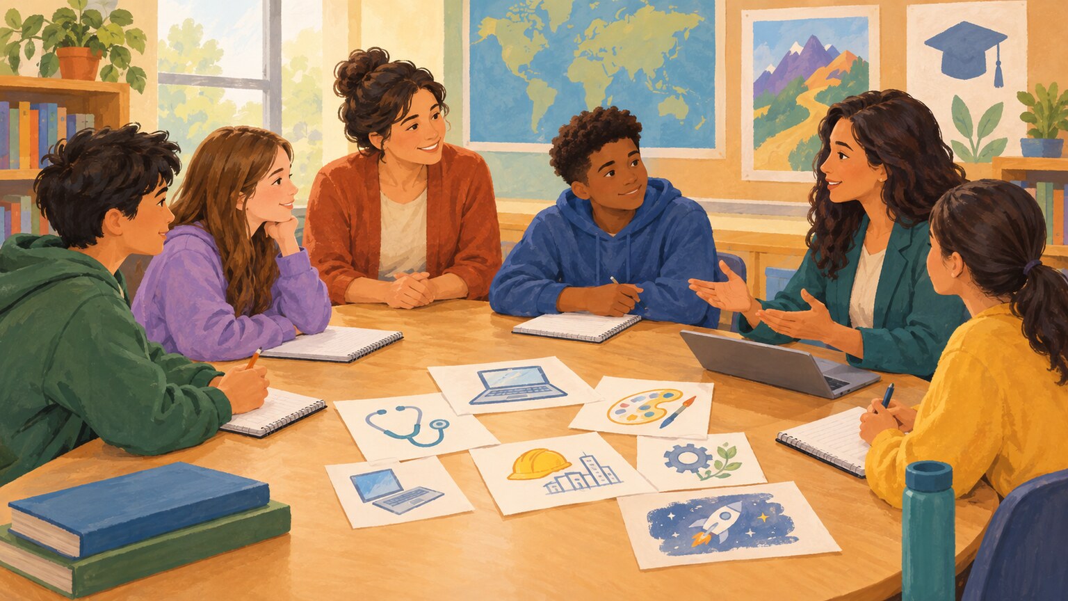 Sch&uuml;lerinnen und Sch&uuml;ler besprechen mit einer Beratungsperson Wege in Studium und Beruf.