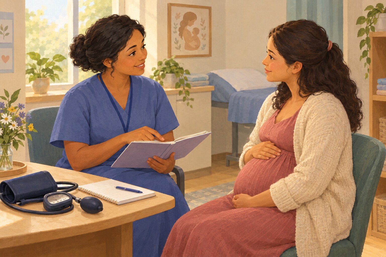 Eine Hebamme und eine werdende Mutter besprechen die Betreuung in einer hellen, einladenden Klinik.
