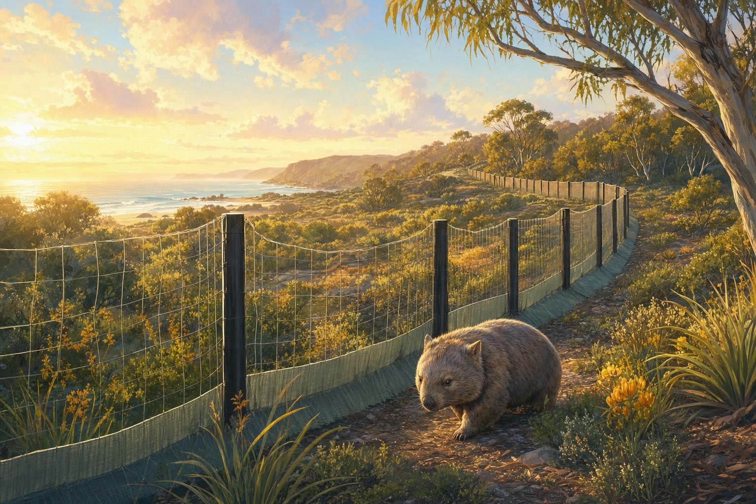 A conservation fence winds through coastal bushland at Wilsons Promontory, with a wombat nearby.