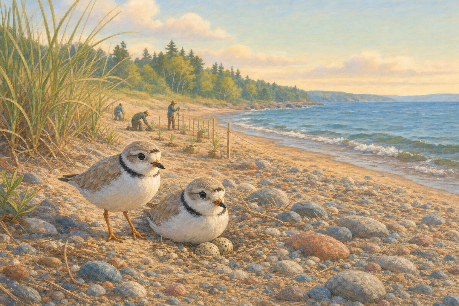 A pair of piping plovers on a restored Lake Superior shoreline.