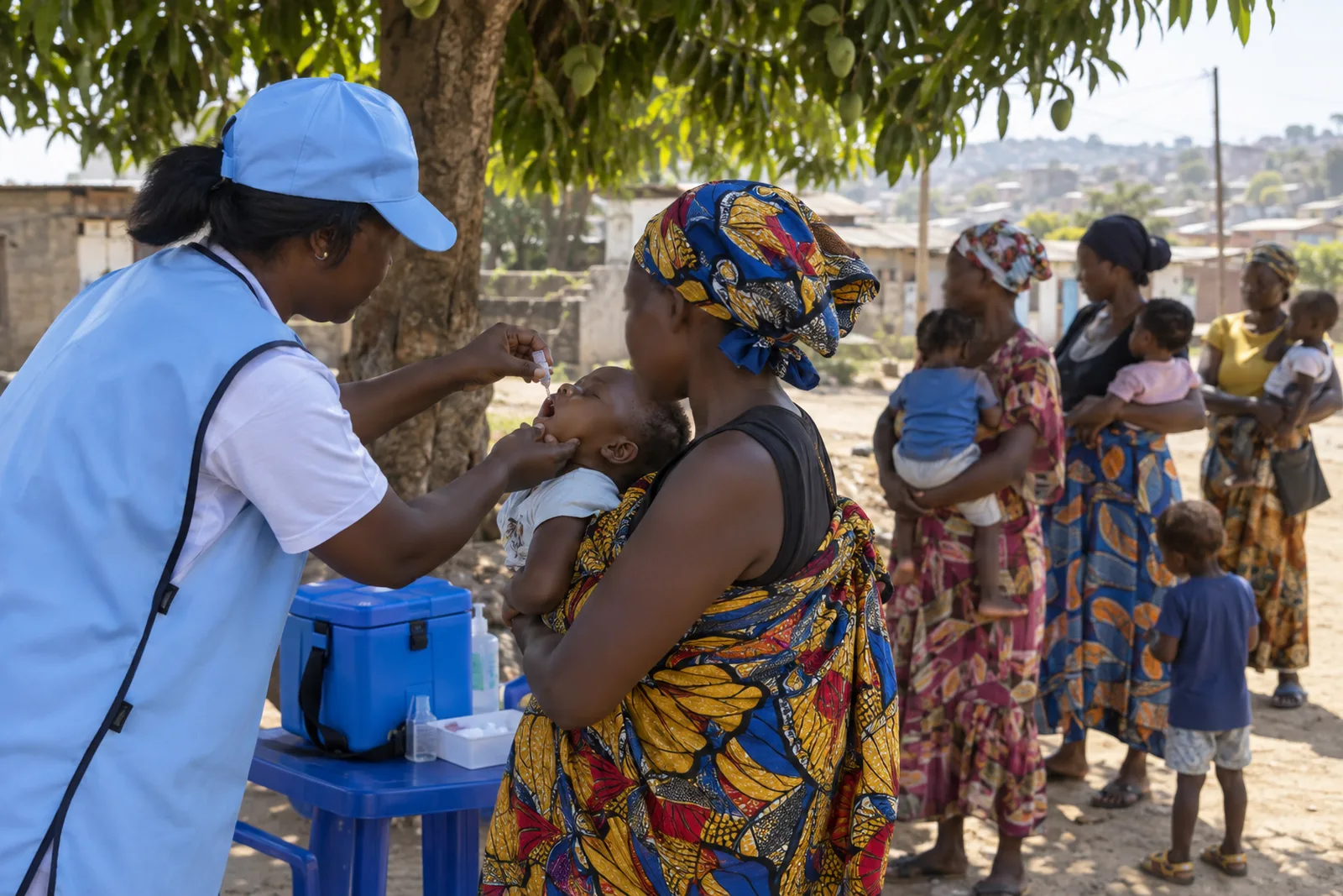 A health worker in a light-blue tabard and cap gives oral vaccine drops to a toddler held by a mother in a patterned wrap, at an outdoor vaccination post under a mango tree, with other mothers and children waiting.