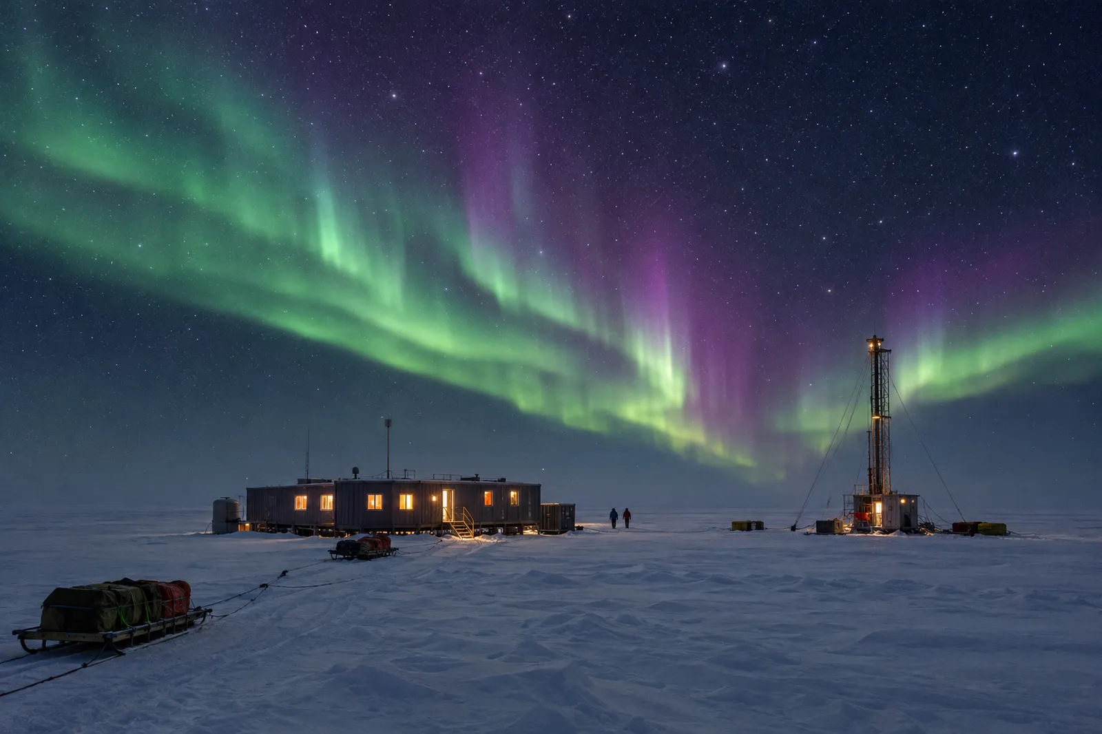 A remote polar research station with a small drill tower glowing under a green and violet aurora on the Antarctic plateau.