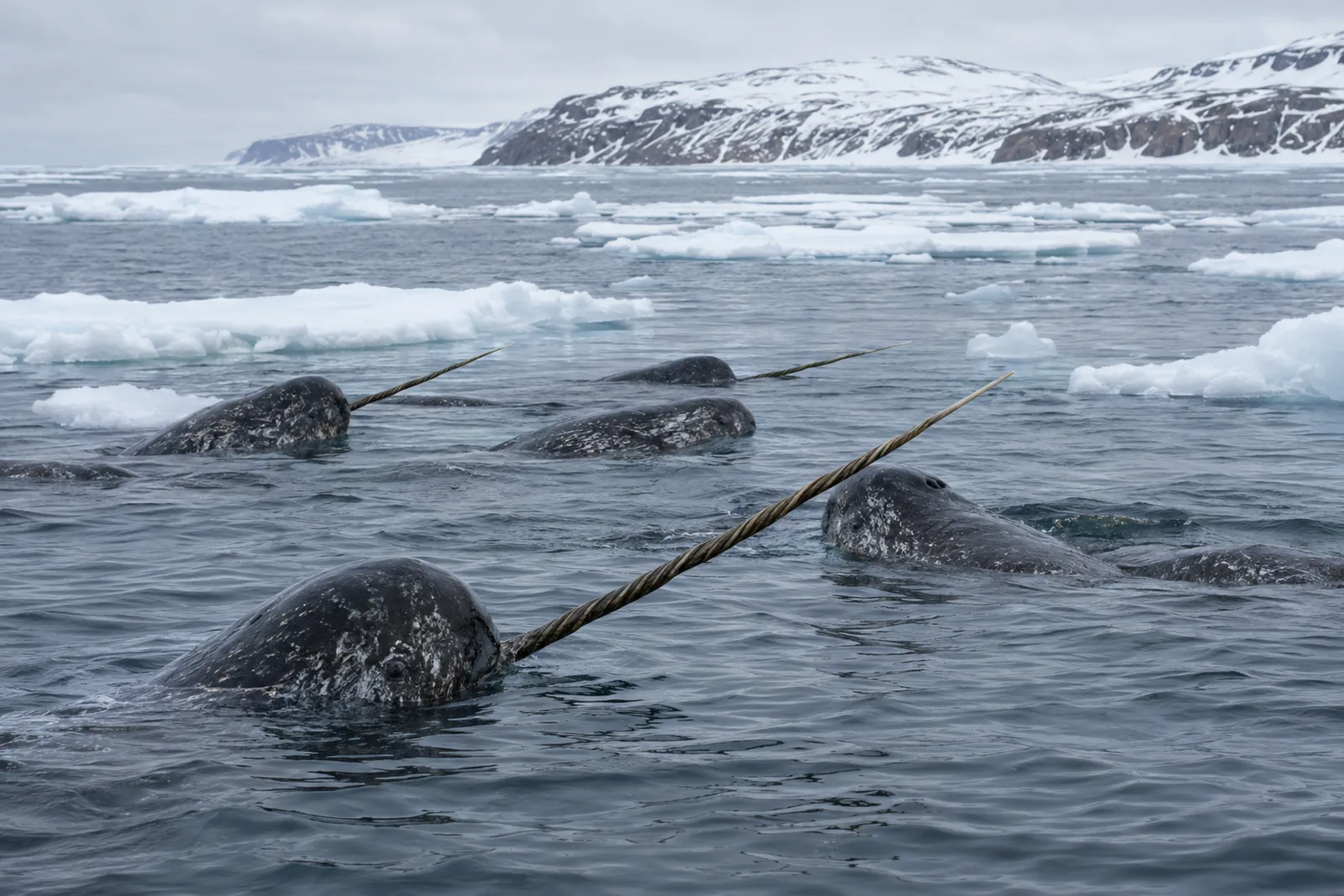 Narwhals surface among drifting sea ice floes in a calm, dark Arctic sea, their single spiral tusks visible, with low snow-covered coastal hills under soft overcast light.