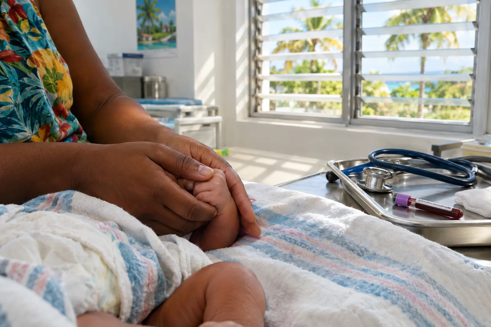 A mother's hands gently hold a newborn baby's tiny hand on a hospital blanket in a bright Caribbean clinic, with a stethoscope and a sample tube on a tray and palm trees outside a louvred window.
