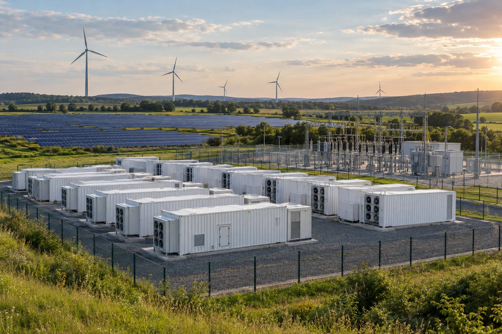 Rows of white container-style battery units with cooling vents stand inside a fenced site in green German countryside, with a substation, a solar farm and wind turbines behind in late afternoon light.