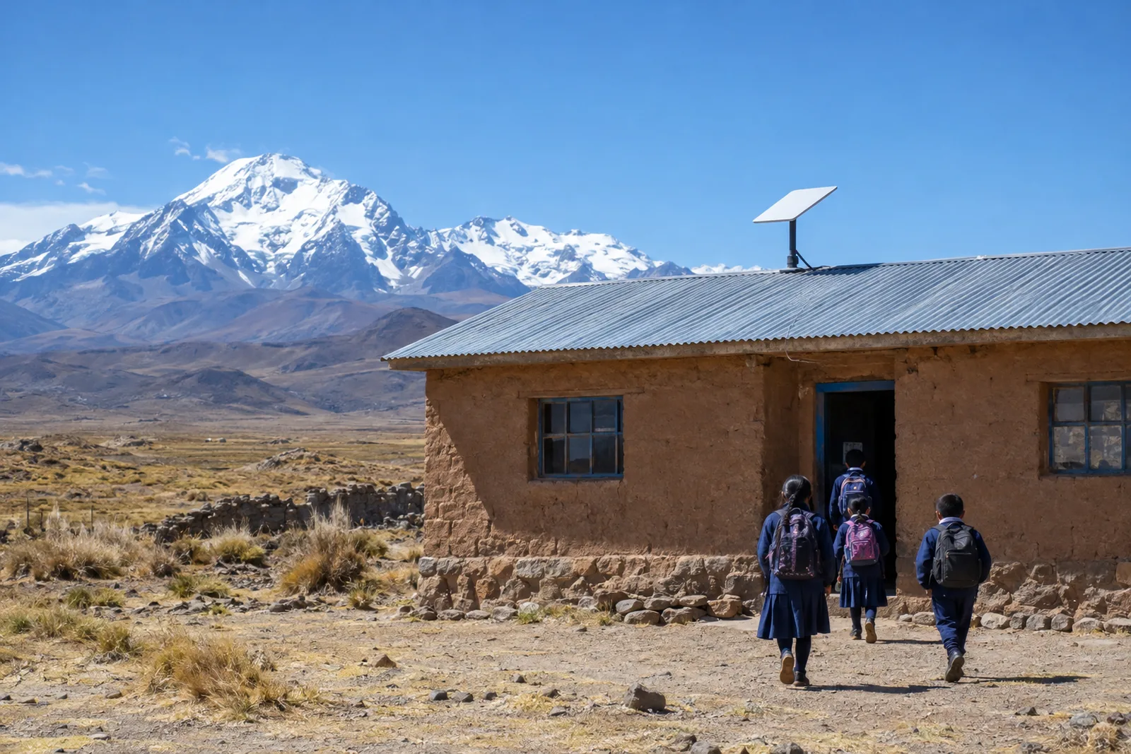 A small adobe school with a corrugated metal roof and a flat white satellite dish stands on the high Andean plain under a clear blue sky, with snow-capped mountains behind and children with backpacks walking towards the door.