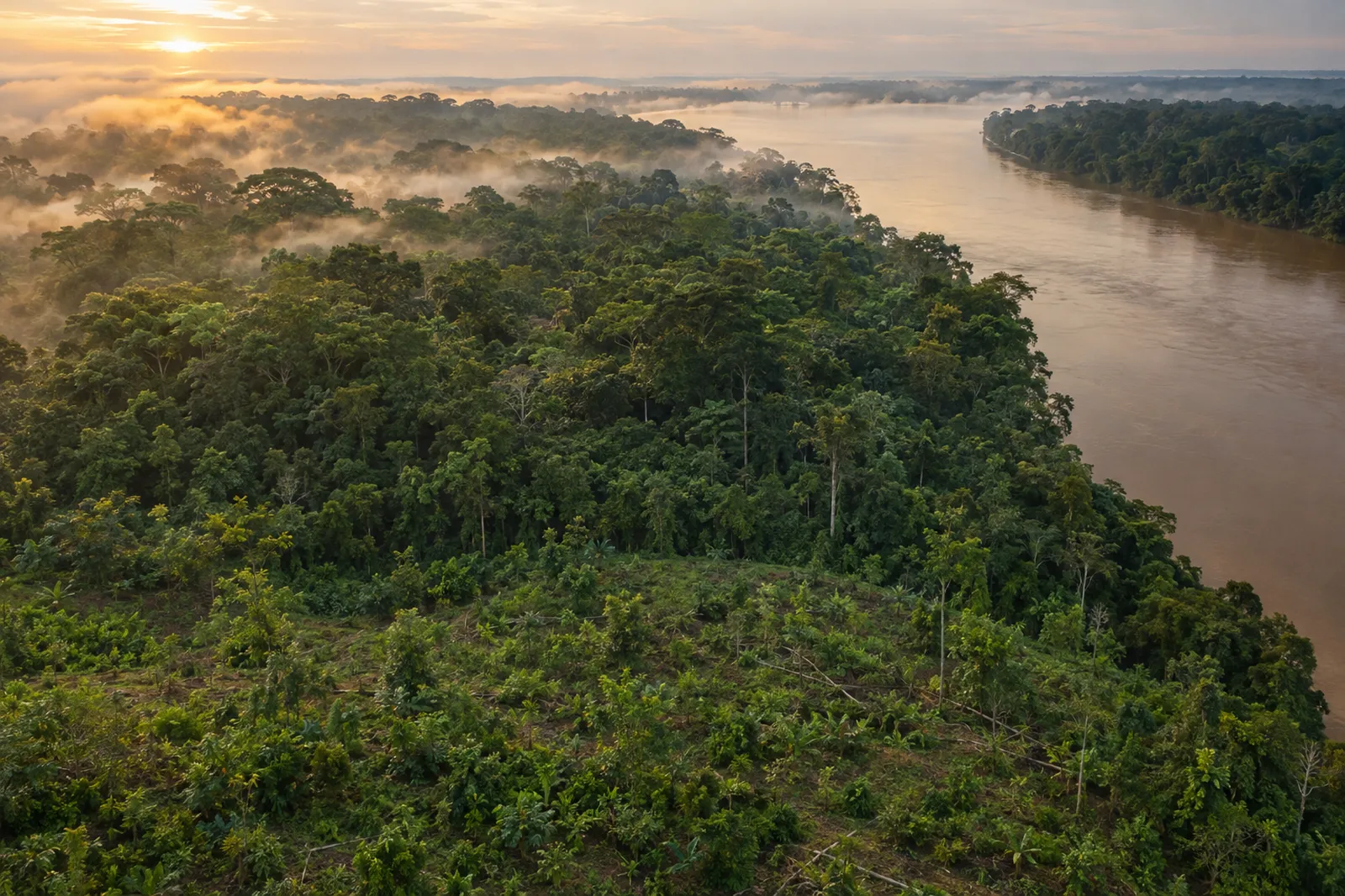 Aerial view at dawn of intact Amazon rainforest beside a wide river, with young forest regrowing in the foreground.