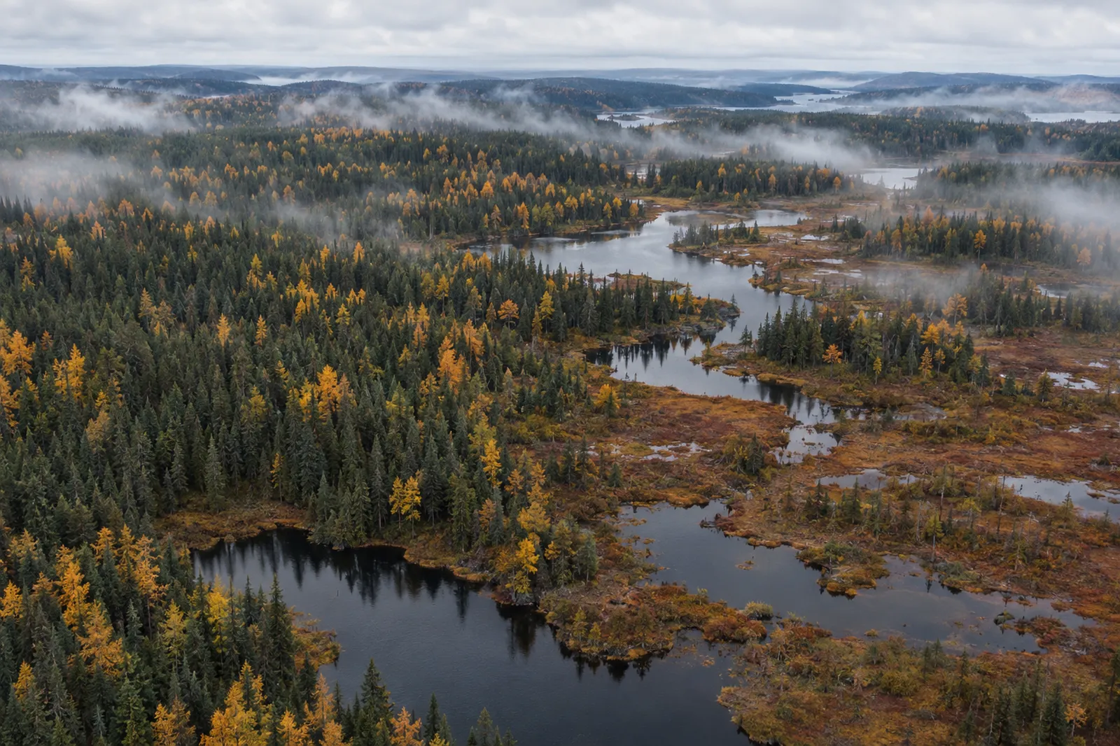 Aerial view of boreal forest and peatland in autumn, with golden tamaracks, dark spruce and winding ponds under low mist.