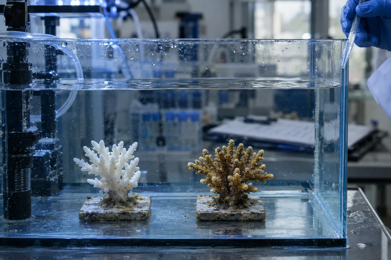 Two small coral fragments on tiles in a laboratory aquarium, one bleached white and one healthy golden brown, with a gloved hand holding a pipette.