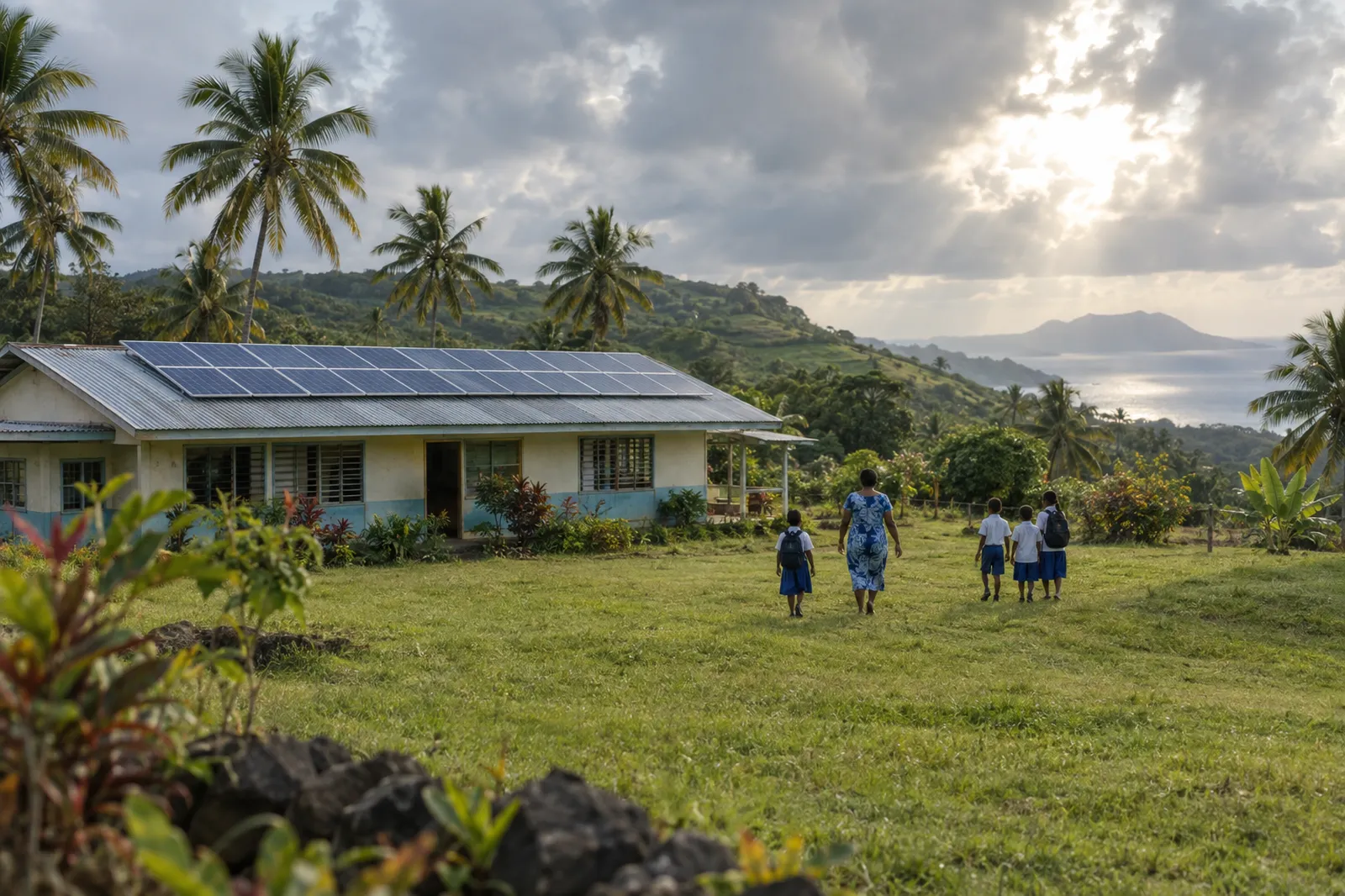 A small rural school with solar panels on its roof, surrounded by palms and green hills, as a teacher and children walk across the field.