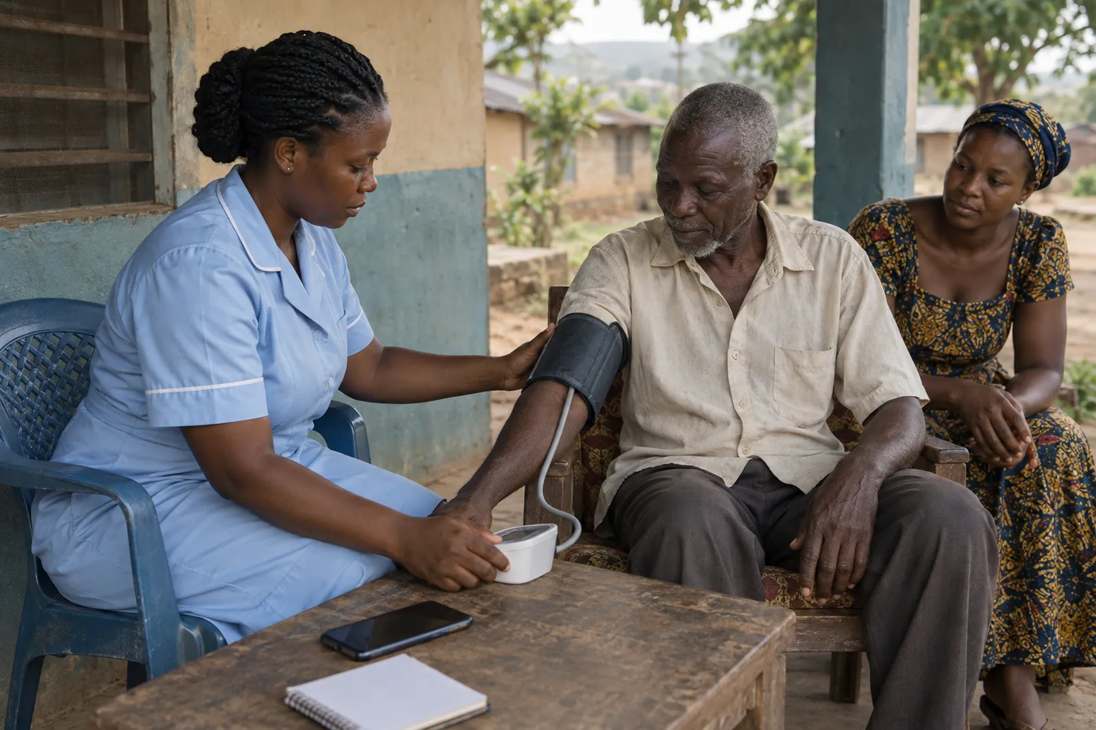 A community nurse measures an older man's blood pressure on the veranda of his home while his daughter watches.