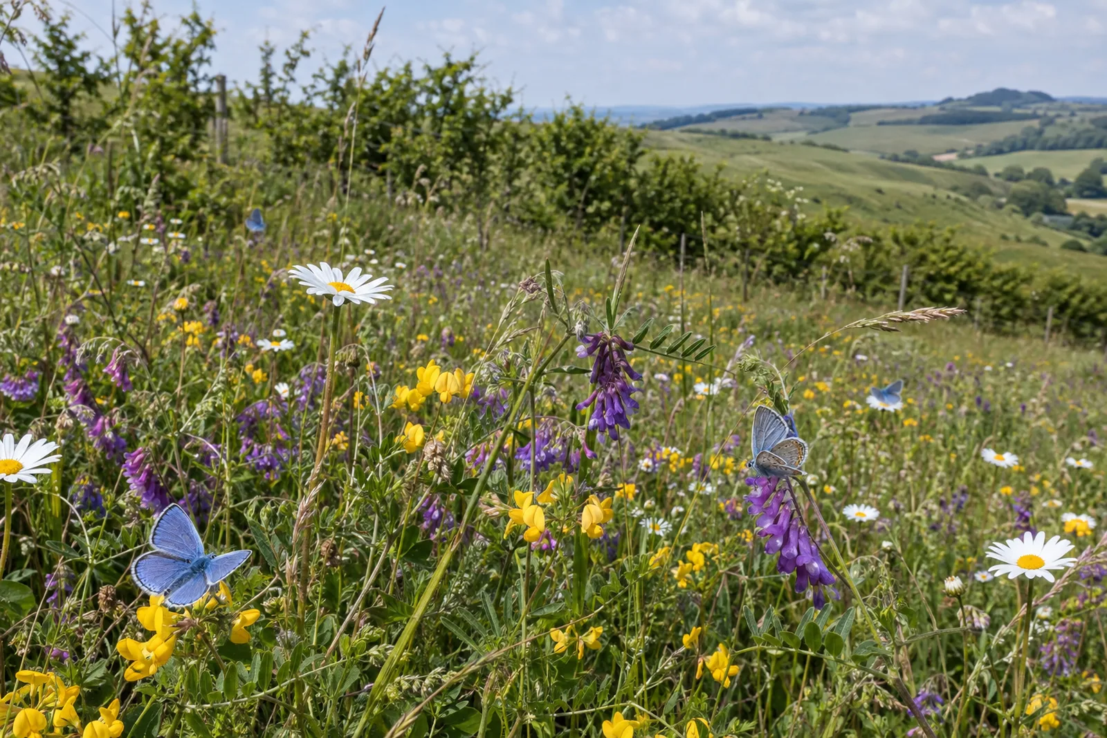 A chalk grassland meadow full of yellow, purple and white wildflowers with small blue butterflies resting on the flowers, a young hedgerow and rolling green downland behind under a soft summer sky.